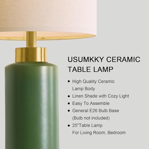 USumkky 25" Green Ceramic Table Lamp Set of 2, Modern Mid-Century Bedside Nightstand Lamps for Bedroom Living Room, Linen Shade & Gold Metal Base, Rotary Switch E26 (Bulbs Excluded) - color: 25" Green-2 Pack