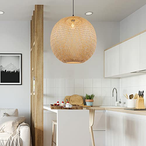 Arturesthome Bamboo Pendant Lighting Fixtures, Round Wicker Chandelier Hand-Woven Boho Basket Lampshade Hanging Ceiling Light for Kitchen Island Living Room - size: 21.6″W x 19.3″H