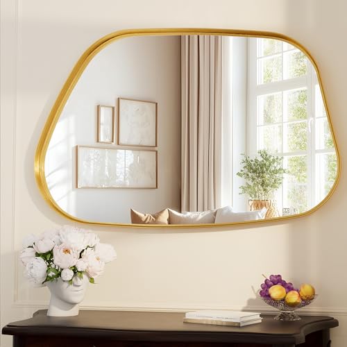 Irregular Wall Mirror 26"x40" Bathroom Mirrors Asymmetrical Artistic Decorative for Living Room Bedroom Bathroom Hallway Entryway,Trapezoid,Gold - color: Gold, size: 40"L x 26"W