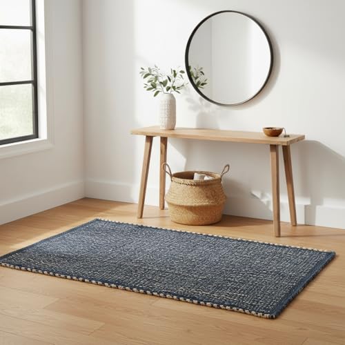 Navy 3x5 Jute Rug Braided Construction - Farmhouse Woven Carpet - Nautical Floor Covering for Bedroom Laundry Room, 3' x 5' - color: Navy, size: 3' x 5'