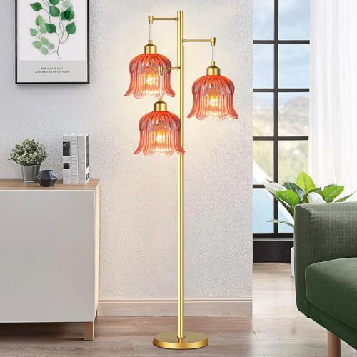 QIYIZM Pink Floor Lamp for Living Room,Bedroom,Gold Mid Century Modern Standing Lamp Brass Tree 3 Light Tall Floor Lamps Floor Lights Glass Flower Lamp Shade Girls Kids Boho Bohemian - size: 24-Floor Lamp