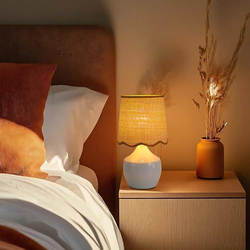 Boho Rattan Ceramic Table Lamp,Small White Ceramic Bedroom Bedside Nightstand Lamp with Rustic Woven Shade,Small Coastal Desk Lamps for Living Room End Table Kids Room