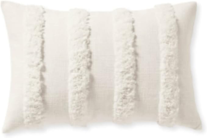 Hofdeco Premium Coastal Patio Tufted Indoor Outdoor Lumbar Pillow Cover Only, 12"x20" Water Resistant for Backyard, Couch, White Fluffy Stripes