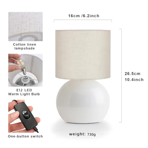 Modern White Small Table Lamp with Cotton Linen Shade, 6.2×6.2×10.4 inch LED Desk Light, One-Button Switch for Bedroom, Living Room, Nightstand, Includes Warm Light Bulb - color: White, size: Pack of 1