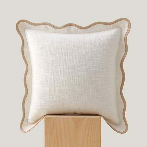 Double Stitch Scalloped Throw Pillow Covers - 100% Cotton Decorative Boho Pillow Covers 18 x 18, Made in India, Square Cushion Case, Modern Home Decor for Couch Sofa Living Room, Cream - color: Cream, size: 18" x 18" (Pack of 1)
