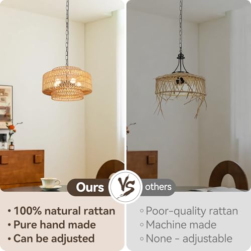 24" Large Rattan Chandelier, 6-Light Boho Dining Room Light Fixture Over Table, Natural Handwoven Wicker Pendant Lamp for Living Room, Coastal Farmhouse Hanging Ceiling Light - color: Beige-W60cm