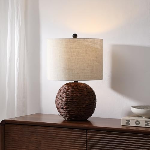 JONATHAN Y 21.5" Dark Brown Modern Coastal Woven Rattan Globe LED Table Lamp for Bedroom, Oatmeal Linen Drum Shade, LED Bulb Included, Rustic Bedside Lamp for Living Room (JYL6514B) - color: Dark Brown
