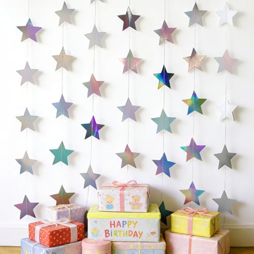Iridescent-Star-Garland 90FT – 240 Pcs Sparkling Star Streamers-Hanging Glitter Star Banner Backdrop for Birthday, Baby Shower, Wedding, Christmas Party Decorations (6 Packs) - color: Iridescent