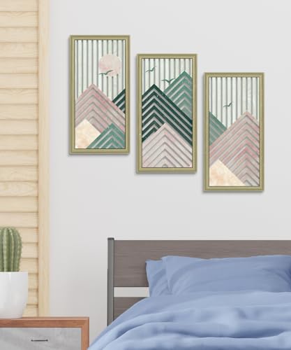Putuo Decor Boho Mountain Wall Decor Set of 3, Rustic Farmhouse Wooden Wall Art, Nature-Inspired Geometric Artwork, Mid-Century Modern Aesthetic for Living Room Bedroom Entryway, Pink - color: Pink