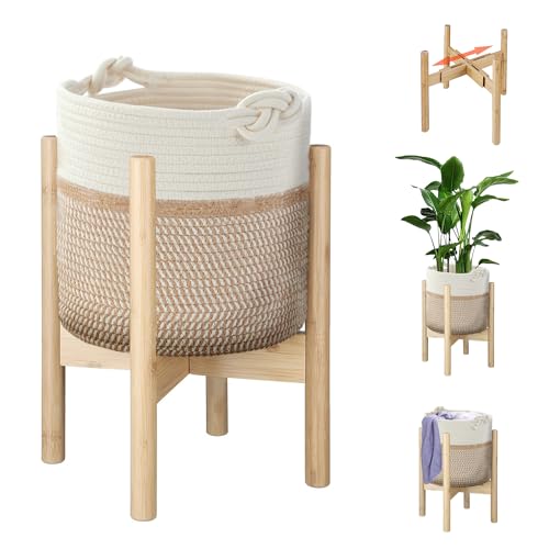 Flower Pot Rattan Plant Stand Planter with Stand, Tall Indoor Boho Woven Wicker Storage Basket with Adjustable Wood Shelf (White & Brown) - color: White & Brown