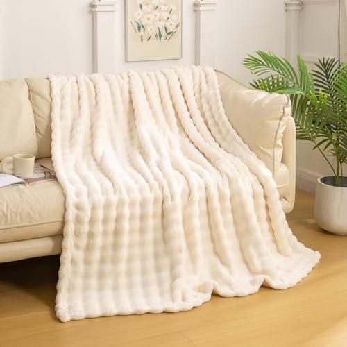 YUSOKI 3D Fleece Bubble Throw Blanket | 380GSM Ultra Soft Fluffy Plush | Non-Shedding Lightweight Cozy Blanket for Couch Sofa Bed | All Season (Ivory,50 * 60inches) - color: Ivory, size: Throw(50" x60")