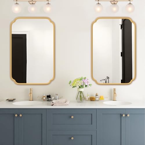 Ferytange Gold Bathroom Vanity Mirror for Wall 24" x 36" Modern Rounded Rectangle Mirror with Metal Framed Mirrors for Over Sink Wall Decorative (Horizontal/Vertical) - color: Gold, size: 36"L x 24"W