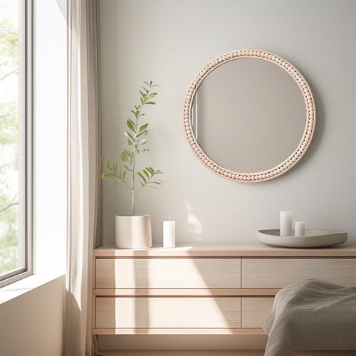 Gluck Plants Gold Round Mirror - 24" Rustic Beaded Farmhouse Decorative Accent Mirror for Bathroom, Living Room, Bedroom, Fireplace, Hallway