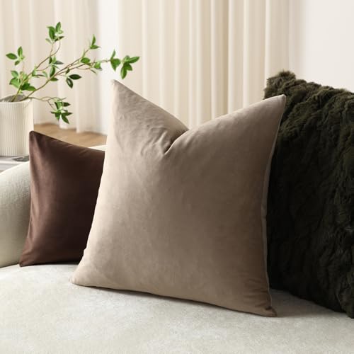 DEZENE Throw Pillow Covers 16x16 Taupe: Pack of 2 Cozy Soft Velvet Square Modern Luxury Decorative Throw Pillow Cases for Sofa Couch Living Room Bed Home Decor - color: Cobblestone, size: 16" x 16" (Pack of 2)