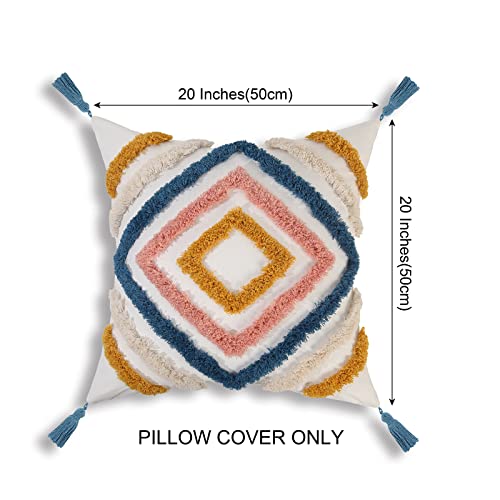 JASEN Throw Pillow Covers 20x20, Boho Pillow Cover with Tassels Woven Tufted Decorative Pillow Cover for Couch Sofa Bedroom Living Room (Blue, 20"x20") - color: Blue, size: 20" x 20" (Pack of 1)