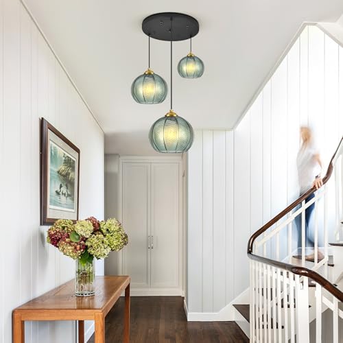 Mint Green Glass Chandelier, 3 Light Pendant Light Fixtures Kitchen Island Lighting Century Modern Kitchen Island Pendant Lighting Hanging Lights Multi Light Cluster Pendant Lighting（Without Bulb） - color: Mint-3 Light
