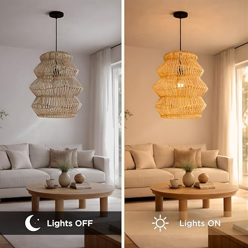 FOREVER BAMBOO Indonesian Hand-Woven Natural Rattan Pendant Light Fixture Circle Shape Woven Wicker Lampshade Chandelier Interior Decor, 15 in H x 15 in W - style: Java Circle