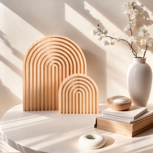 2 Pcs Natural Wood Arch Decor, Boho Shelf & Serving Board for Fireplace Mantel, Kitchen Counter - Light Pine Finish, Scandinavian & Japandi Style Aesthetic Accents for Living Room, Home Office - color: Natural