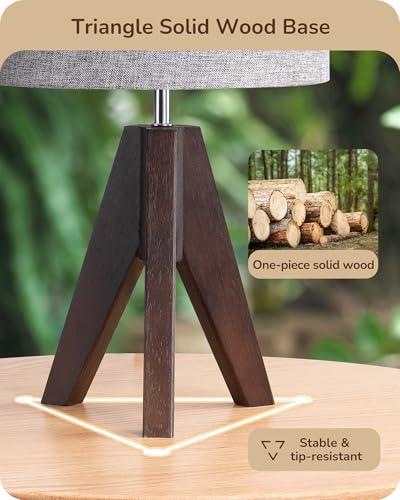 EDISHINE Boho Small Table Lamp, Walnut Color Wooden Tripod Bedside Lamp, Farmhouse Nightstand Lamp for Nursery, Bedroom, Office, Kid Room, Living Room, Grey Linen Lampshade, E26 Socket, 14.2 Inch - style: Modern
