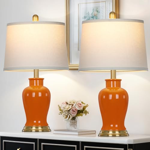 Ruzectt Orange Ceramic Lamps Set of 2, 23" Modern Table Lamps for Living Room, Stylish Bedroom Ginger Jar Lamps, Elegant Bedside Lamp for Night Stand Desk Side End Table Home Decor(Bulbs Included) - color: Orange