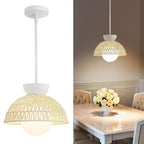 AIJIASI Rattan Pendant Light, 11.8" Hand Woven Boho Pendant Light Fixture with Milk Glass Globe, Gold Kitchen Pendant Lighting Over Island Adjustable Chandelier for Dining Room Hallway Foyer - color: White