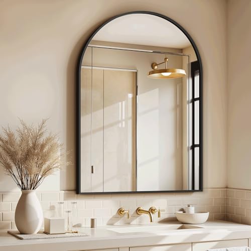 Arched Bathroom Mirror for Wall, 30" x 20" Black Metal Frame Vanity Mirror, HD Glass Over Sink for Bathroom, Entryway, Bedroom - color: Matte Black, size: 30"L x 20"W
