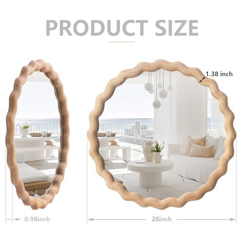 Irregular Wall Mirror,Wood Round Farmhouse Mirror Unique Vanity Mirror,28" Nature Wooden Modern Bathroom Mirror for Washroom Living Room Bedroom - size: 28"L x 28"W