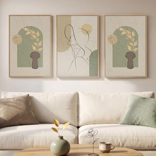 Framed Abstract Boho Wall Art for Living Room, 3 Piece Large Neutral Canvas Prints Paintings, Modern Minimalist Line Face Botanical Picture Artwork Decor for Bedroom Dining Room Hallway, 16x24 Inch - color: Beige Green, size: 24" H x 16" W x 3Pcs