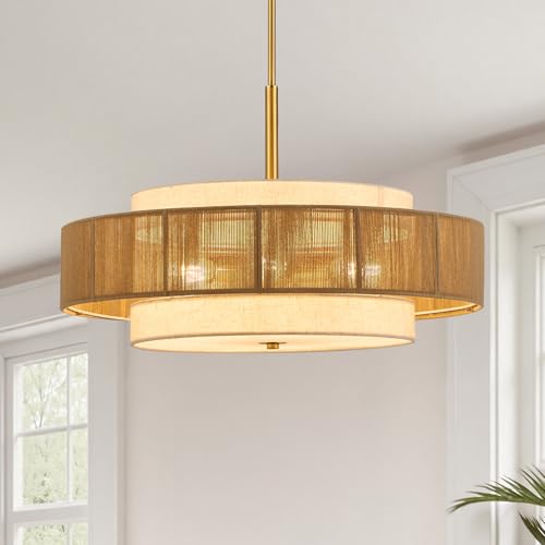 VONLUCE 23.6" Boho Rattan Chandelier, 6-Light Drum Chandelier with 3-Tier Woven Lampshade, Rattan Ceiling Light for Dining Room Bedroom Living Room with E26 Sockets, Gold Finish, ETL Certified - color: Gold, size: 24inch