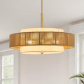 VONLUCE 23.6" Boho Rattan Chandelier, 6-Light Drum Chandelier with 3-Tier Woven Lampshade, Rattan Ceiling Light for Dining Room Bedroom Living Room with E26 Sockets, Gold Finish, ETL Certified - color: Gold, size: 24inch