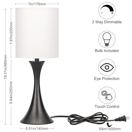 Seaside village 3 Way Touch Control Table Lamp, Modern Bedside Lamp for Bedroom, Dimmable Black Nightstand Lamp White Shade Desk Reading Light for Living Room Office Dorm, 3000K LED Bulb Included - color: Black Base with White Shade