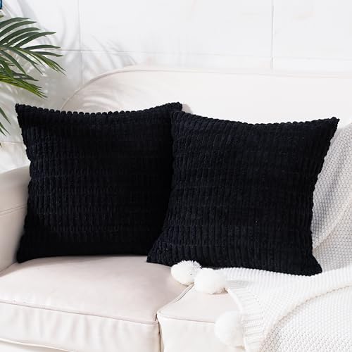 Pack of 2 Corduroy Decorative Throw Pillow Covers 16x16 Inch Soft Boho Striped Pillow Covers Modern Farmhouse Home Decor for Halloween Sofa Living Room Couch Bed Black - color: Black, size: 16" x 16" (Pack of 2)