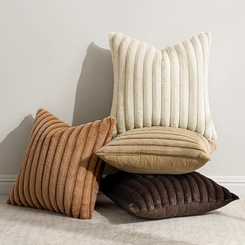 MIULEE Faux Fur Plush Decorative Throw Pillow Covers 20x20 Set of 4, Boho Farmhouse Soft Fuzzy Striped Cushion Covers for Sofa Couch Bed Living Room Vintage Rustic Home Decor,Brown - color: Brown, size: 20" x 20" (Pack of 4)