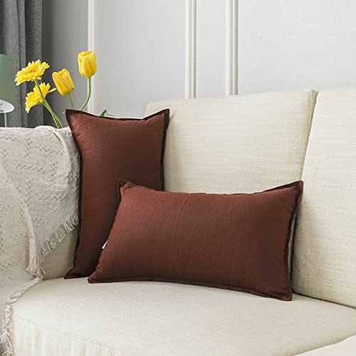 Jeanerlor Natural Cotton Linen Green Decorative 12"x20" Throw Pillow Case Cushion Cover with Twin Needles Stitch on Edge for Lumbar, (30 x 50cm), 2 Pcs, Reddish Brown - color: Reddish Brown, size: 20" x 12" (Pack of 2)
