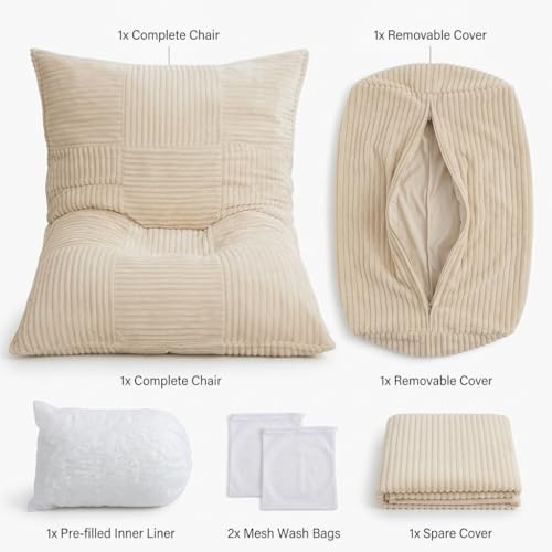 Giant Bean Bag Chair - 3-in-1 Convertible Memory Foam Floor Cushion with Washable Corduroy Cover, Large Comfy Beanbag Sofa for Adults and Kids (Cream) - color: Cream