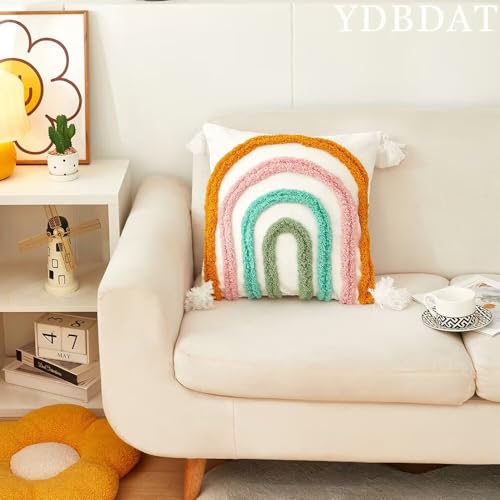 Set of 2 Boho Rainbow Decorative Textured Throw Pillow Covers 18x18 Farmhouse Colorful Tufted Pillow Covers with Tassels Woven Cushion Case for Sofa Bed Living Room Hallowmas Ivory - color: Ivory, size: 18" x 18" (Pack of 2)