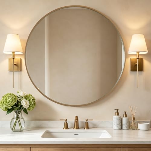 WallBeyond Round Wood Mirror, 40" Round Modern Decoration Large Circle Wall Mirror for Bathroom Living Room Bedroom Entryway, Honey - color: Honey, size: 40"L x 40"W