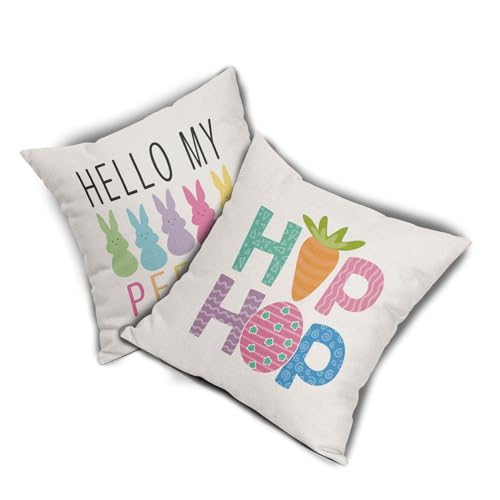Easter Pillow Covers 16x16 Inches Hello My Peeps Hip Hop Throw Pillow Case Set of 2 Easter Bunny Pillow Cover Cotton Linen Spring Cushion Cover for Home Couch Sofa Bedroom Livingroom - color: Easter Rabbit231123, size: 16" x 16" (Pack of 2)
