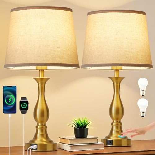 Bedside Table Lamp Touch Control Bedroom Lamps with USB A and C Charging Port 3 Way Dimmable Touch Lamps for Nightstand Living Room Bedroom Dorm Home Office Reading, Set of 2 - color: Gold