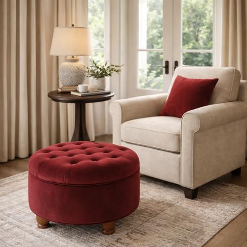 Homepop Home Decor |N8264-B119 | Large Button Tufted Velvet Round Storage Ottoman | Ottoman with Storage for Living Room & Bedroom, Berry - color: Berry