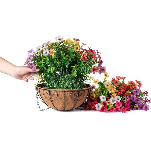 HyeFlora Artificial Faux Hanging Plants Flowers Basket for Summer Outdoor Outside Decoration, Fake Silk UV Sun Resistant Look Real Colorful Daisy Eucalyptus for Porch Home Patio Balcony Yard - color: Mix