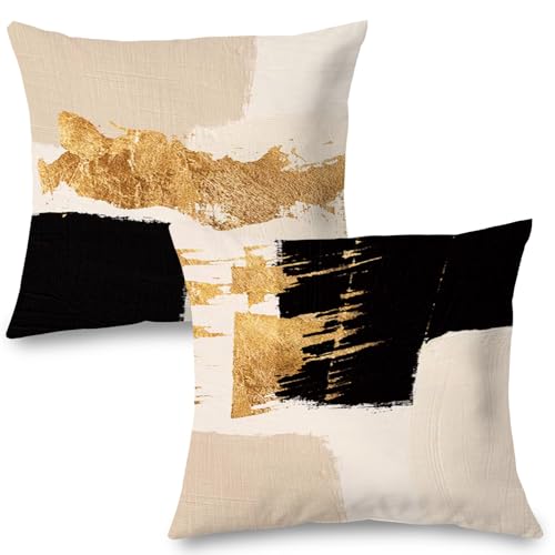 Black Beige Gold Pillow Covers, Abstract Black and Gold Pillow Covers 18x18 Set of 2, Modern Boho Home Decor, Black and Gold Pillows Decorative Throw Pillows for Couch Living Room Bedroom - color: Black Beige Gold, size: 18" x 18" (Pack of 1)
