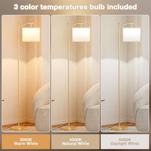 Ambimall 60" Floor Lamp for Living Room with 3 Color Temperatures, Adjustable White Shade with Gold Pole, Tall Lamp for Bedroom Office Classroom Dorm Room, 9W LED Bulb Included - color: White & Gold