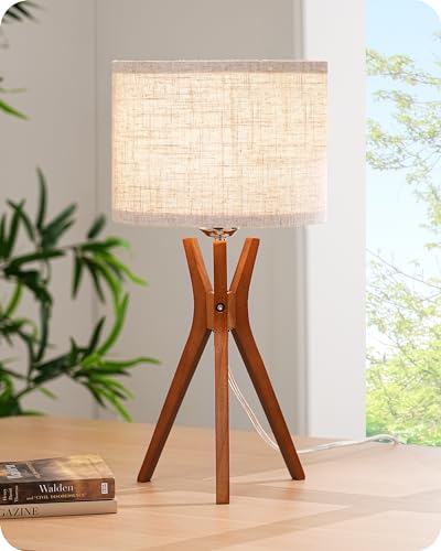 EDISHINE Mid Century Table Lamp, 17.5" Tripod Bedside Lamp with Deep Wood Color Light Base & Beige Linen Lampshade, Nightstand Lamp for Bedroom, Living Room, Reading Room, E26 Base - color: Dark Wood