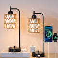 Rattan Table Lamps Set of 2, Boho Desk Lamps with USB Charging Ports and Outlet, Bohemian Bedside Lamps with Rattan & Linen Shade, Farmhouse Black Lamp for Living Room Bedroom Office