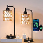 Rattan Table Lamps Set of 2, Boho Desk Lamps with USB Charging Ports and Outlet, Bohemian Bedside Lamps with Rattan & Linen Shade, Farmhouse Black Lamp for Living Room Bedroom Office