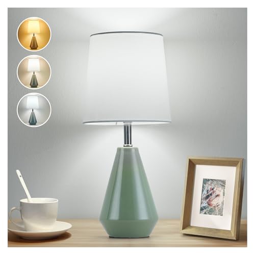 Small Bedside Table Lamp for Bedroom - Reading Desk Lamp with 3 Color Temperatures，15.5" Nightstand Ceramic Lamp with Fabric Shade for Kids Room,Living Room,Dorm,Home Office (Green+White) - color: Green+White, size: 15.5"