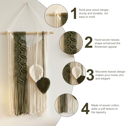 Macrame Leaves Tapestry Wall Decor- Bohemian Woven Tapestries Green Leaves Wall Art, Large Boho Tassels Hanging Ornament Western Room Decor for Bedroom Living Room Dorm - color: Dark Green