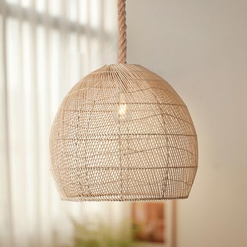 Arturesthome Natural Rattan Pendant Light for Kitchen Island, Woven Lamp Shade Chandelier, Hanging Ceiling Light, Handmade Lampshade Rope Lamp D15.7in*13.7in - size: 15.7″W x 13.7″H
