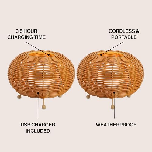JONATHAN Y 5.75" Light Brown Modern Bohemian Indoor/Outdoor Faux Rattan Lantern Table Lamp Set of 2, Rechargeable Cordless Dimmable Integrated LED for Deck, Patio, Porch JYL7156A-SET2